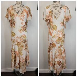 Eva Blue Vintage Y2K Asymmetrical Ruffle Floral Midi Dress Womens 12 Fairy